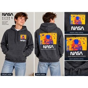 Hyper Space NASA Astronaut Graphic Hoodie Charcoal Grey Mens Small NWT